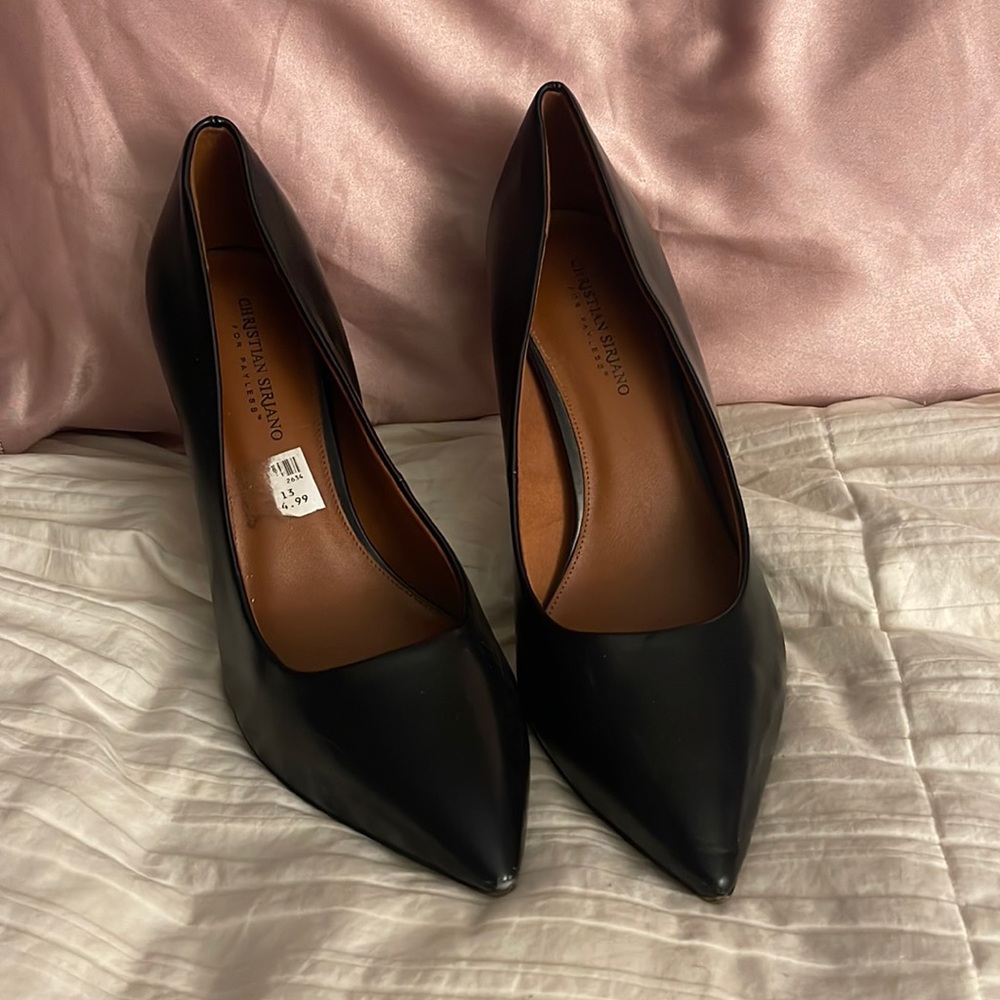 black pointed heels